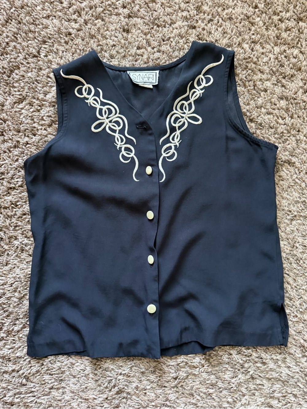 Vintage 90s Synari Embroidered Scroll Blouse Tank M Black Whimsygoth USA